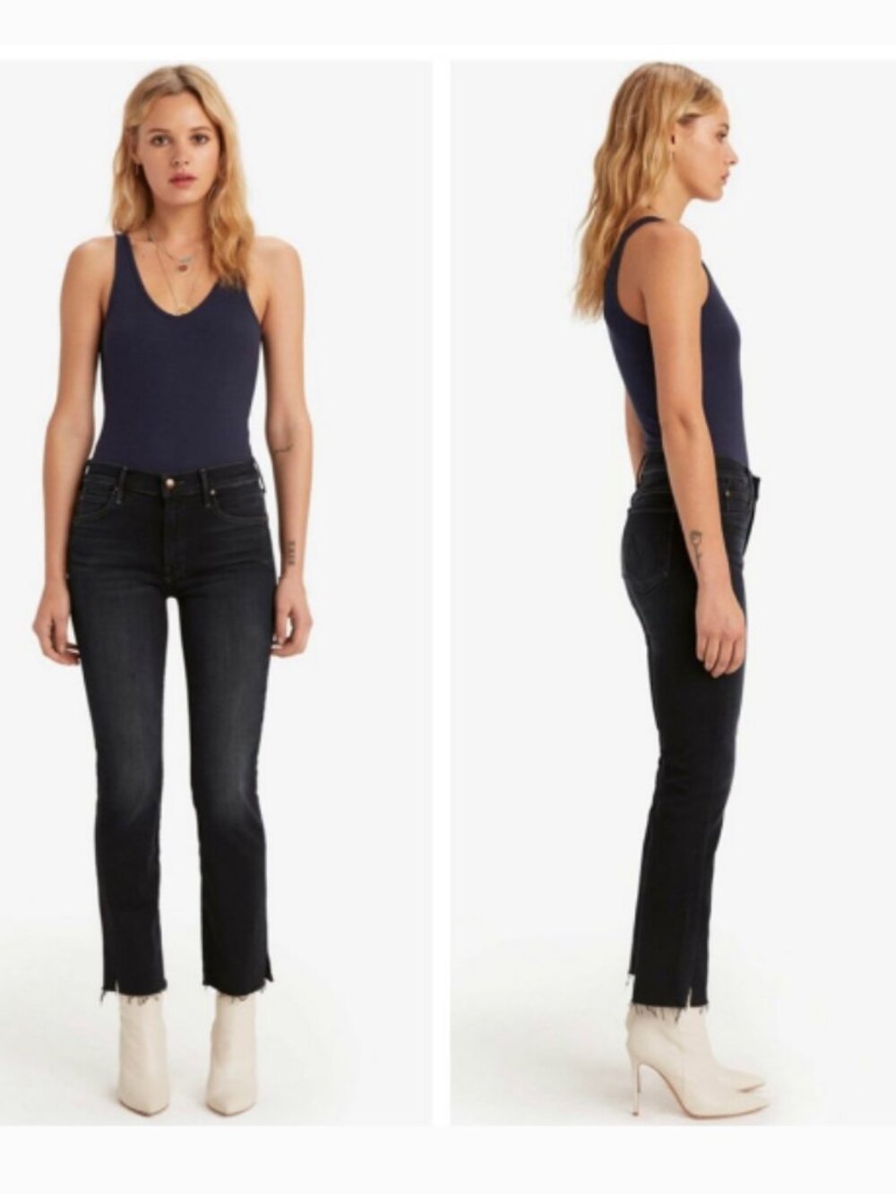 MOTHER Rascal Ankle Snippet Jeans Blackbird Black Stretch Denim Ankle 26 RawHem